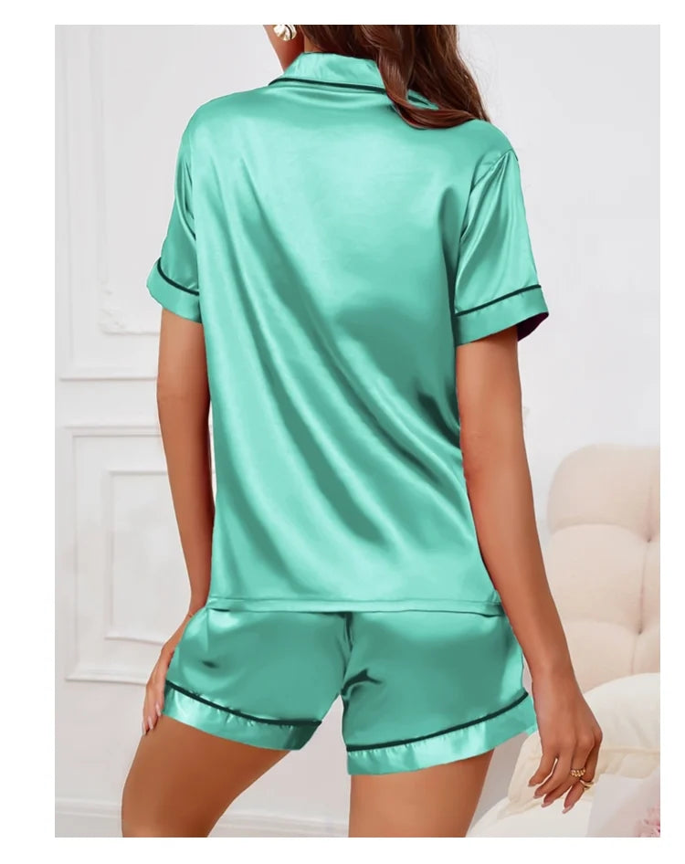Women's Pajamas Set Satin Sleepwear Button Down Tops and Shorts Pajama 2 Piece