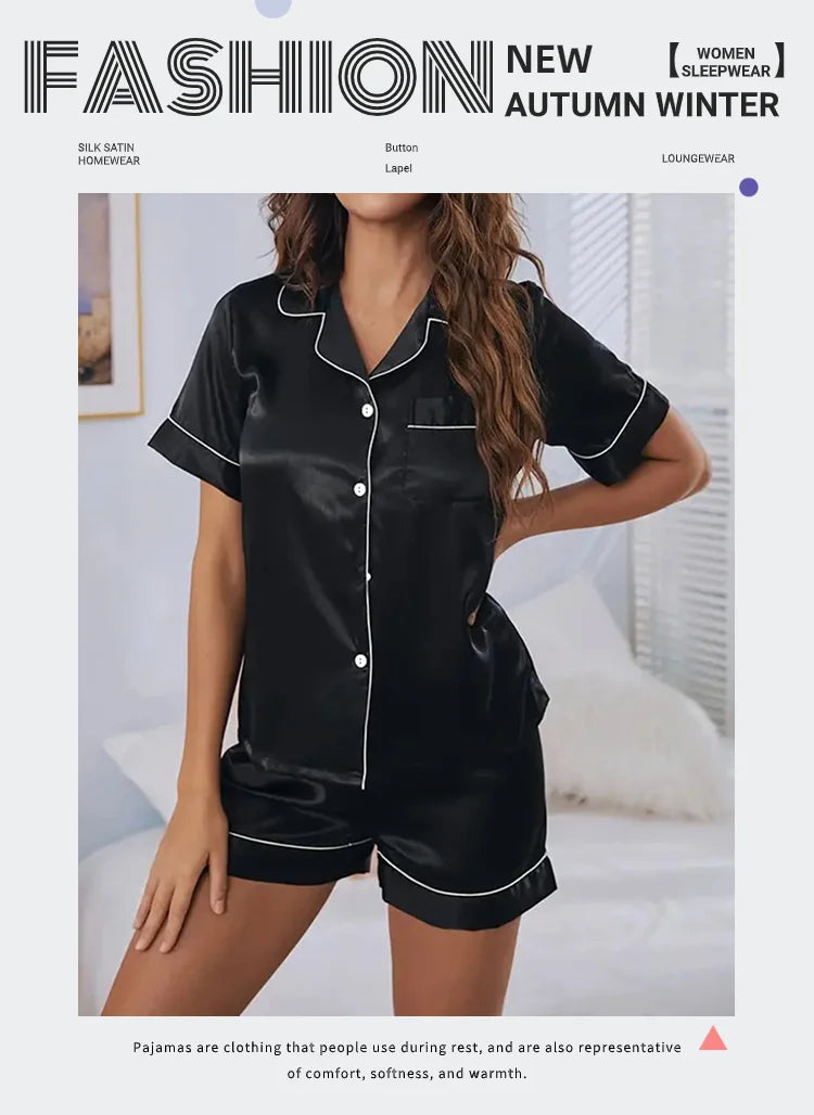 Women's Pajamas Set Satin Sleepwear Button Down Tops and Shorts Pajama 2 Piece