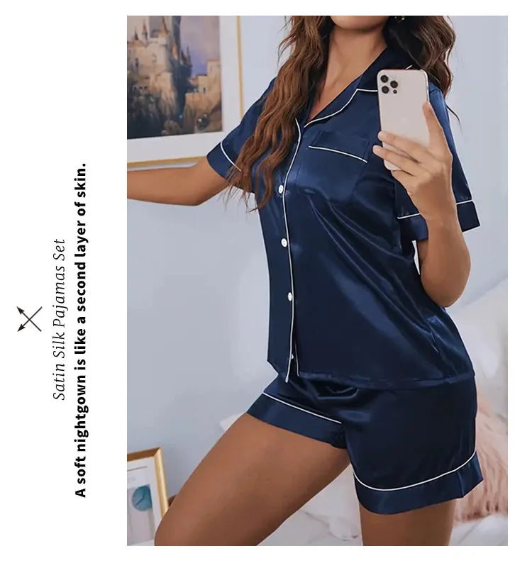 Women's Pajamas Set Satin Sleepwear Button Down Tops and Shorts Pajama 2 Piece