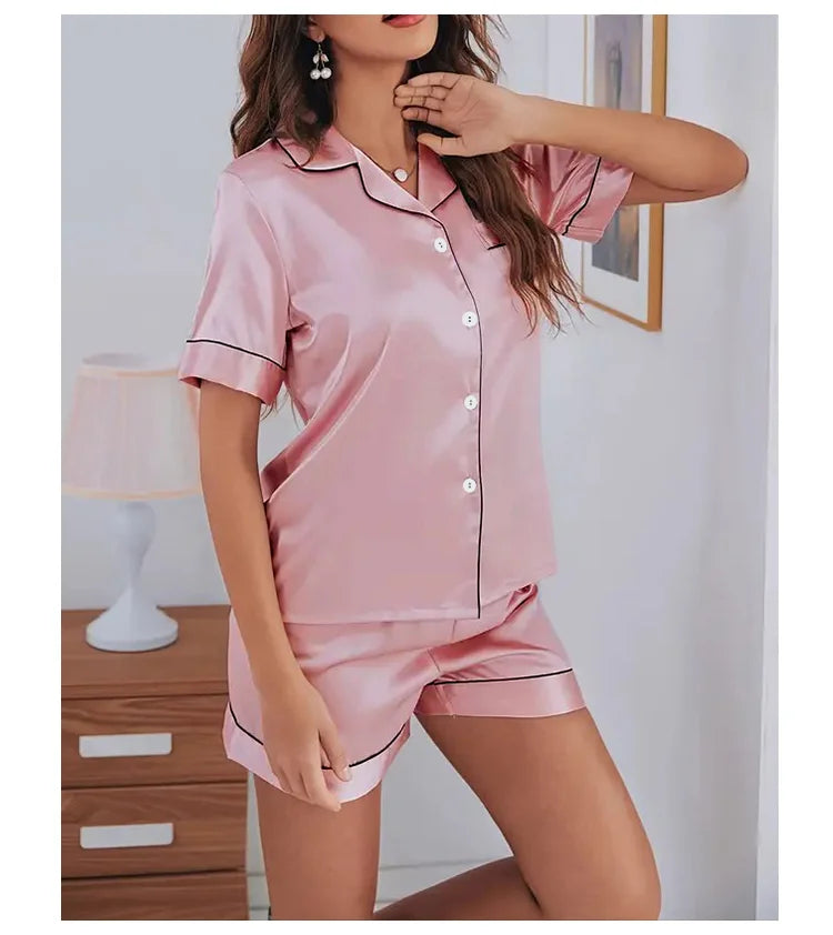 Women's Pajamas Set Satin Sleepwear Button Down Tops and Shorts Pajama 2 Piece