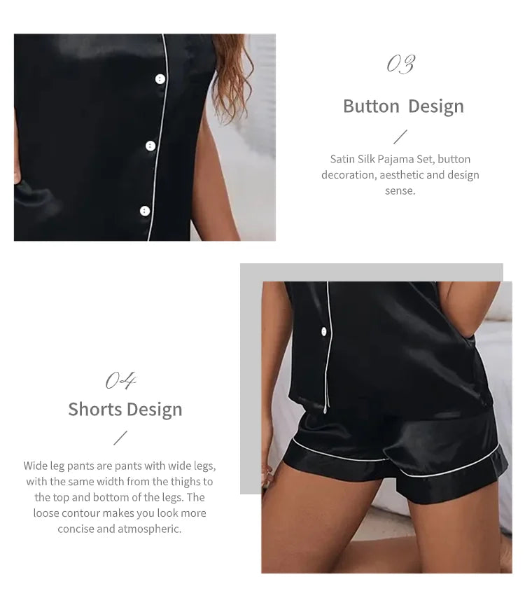 Women's Pajamas Set Satin Sleepwear Button Down Tops and Shorts Pajama 2 Piece