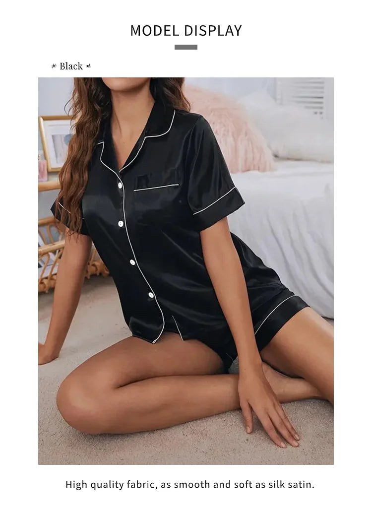 Women's Pajamas Set Satin Sleepwear Button Down Tops and Shorts Pajama 2 Piece