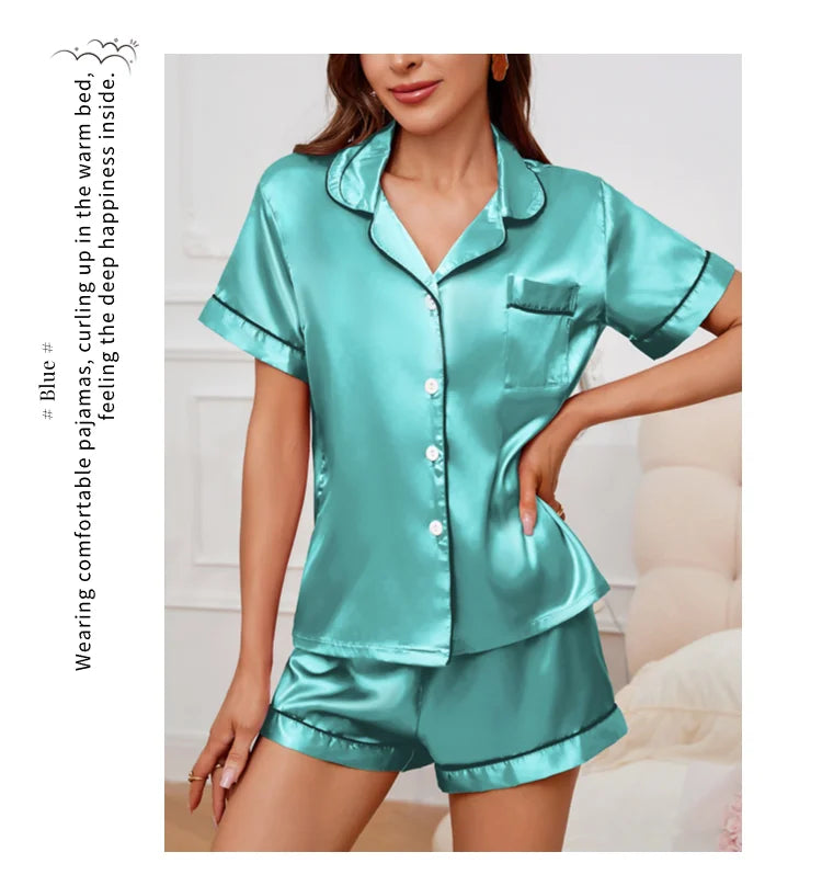 Women's Pajamas Set Satin Sleepwear Button Down Tops and Shorts Pajama 2 Piece