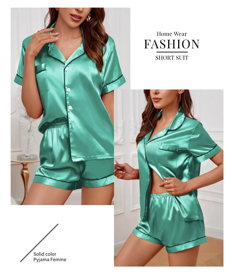 Women's Pajamas Set Satin Sleepwear Button Down Tops and Shorts Pajama 2 Piece