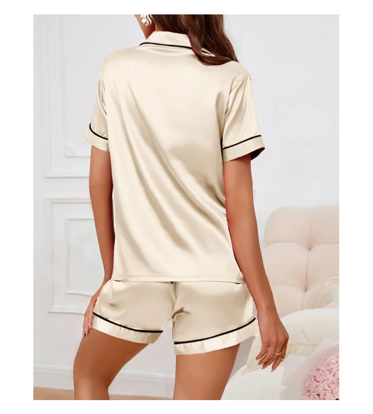 Women's Pajamas Set Satin Sleepwear Button Down Tops and Shorts Pajama 2 Piece