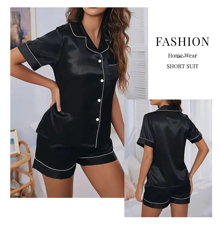 Women's Pajamas Set Satin Sleepwear Button Down Tops and Shorts Pajama 2 Piece