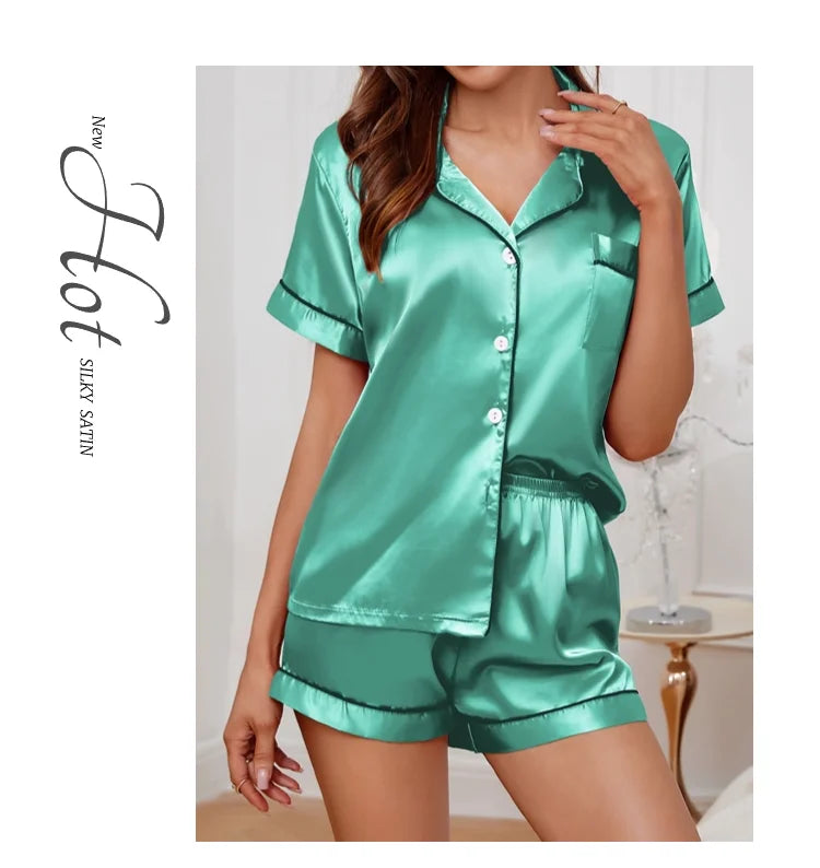 Women's Pajamas Set Satin Sleepwear Button Down Tops and Shorts Pajama 2 Piece