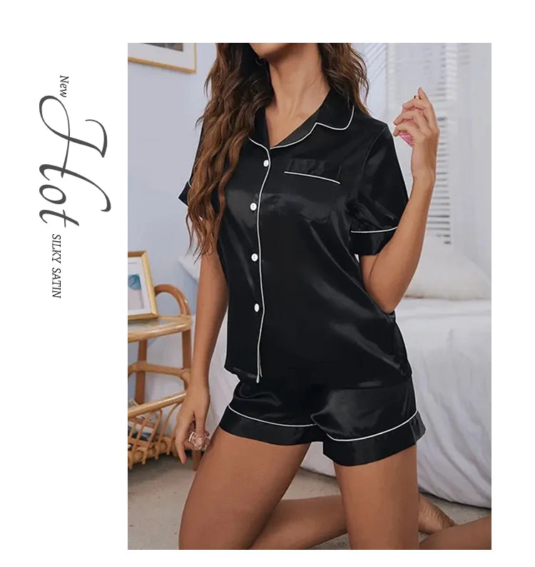 Women's Pajamas Set Satin Sleepwear Button Down Tops and Shorts Pajama 2 Piece