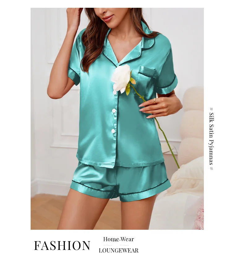 Women's Pajamas Set Satin Sleepwear Button Down Tops and Shorts Pajama 2 Piece