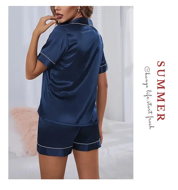 Women's Pajamas Set Satin Sleepwear Button Down Tops and Shorts Pajama 2 Piece