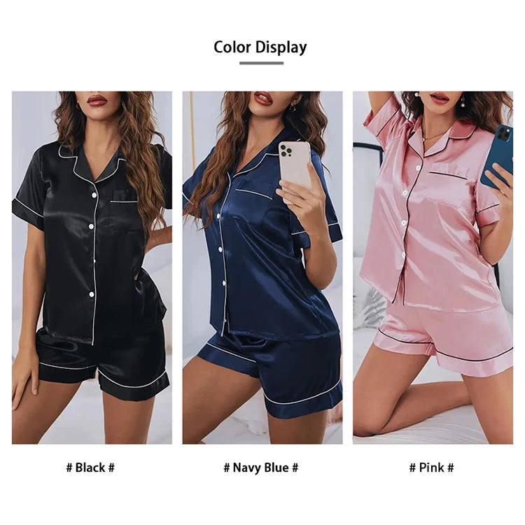 Women's Pajamas Set Satin Sleepwear Button Down Tops and Shorts Pajama 2 Piece