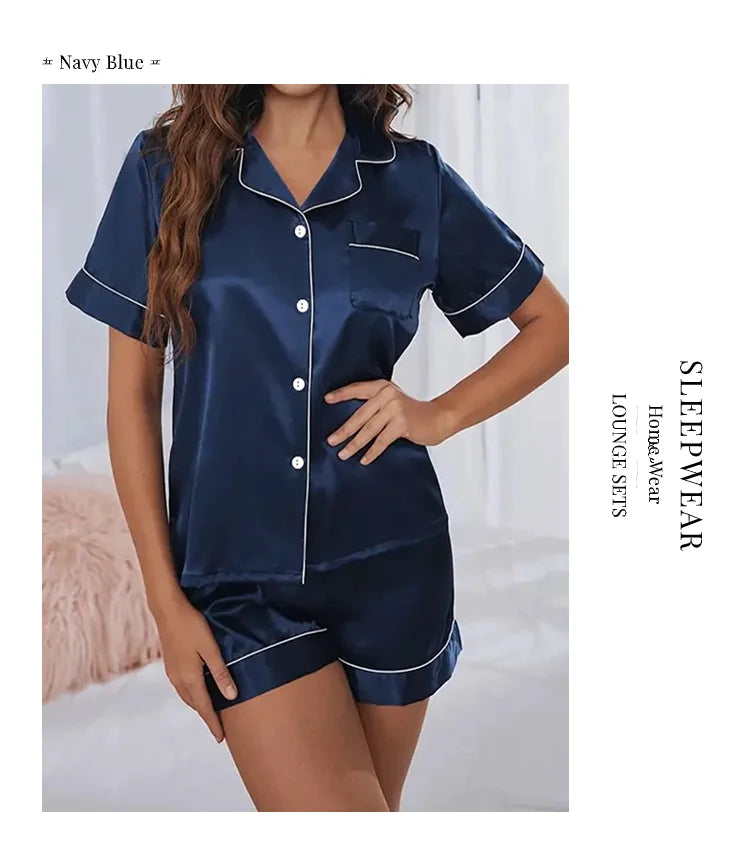 Women's Pajamas Set Satin Sleepwear Button Down Tops and Shorts Pajama 2 Piece