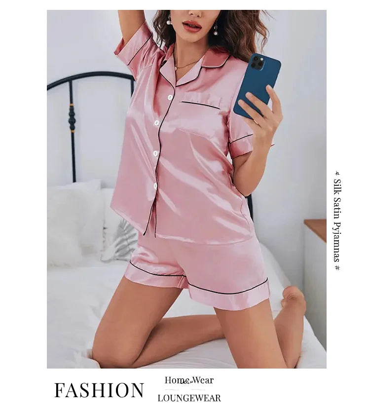 Women's Pajamas Set Satin Sleepwear Button Down Tops and Shorts Pajama 2 Piece