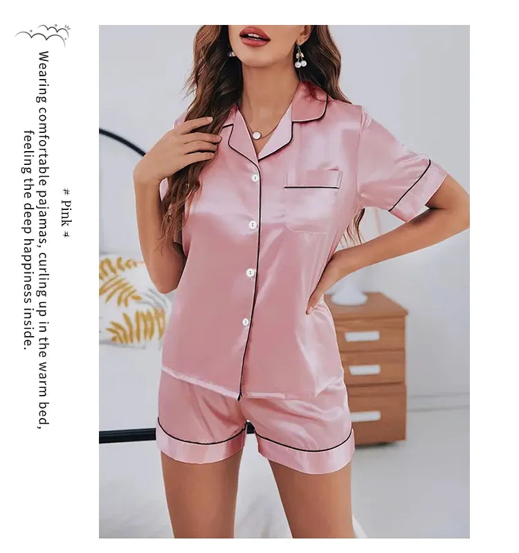 Women's Pajamas Set Satin Sleepwear Button Down Tops and Shorts Pajama 2 Piece