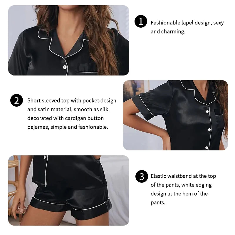Women's Pajamas Set Satin Sleepwear Button Down Tops and Shorts Pajama 2 Piece