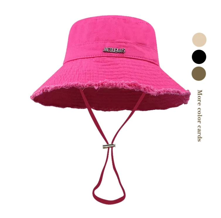 Printemps été lavé grand avant-toit vacances bord de fourrure suspendu corde soleil logo personnalisé coton seau chapeaux femmes